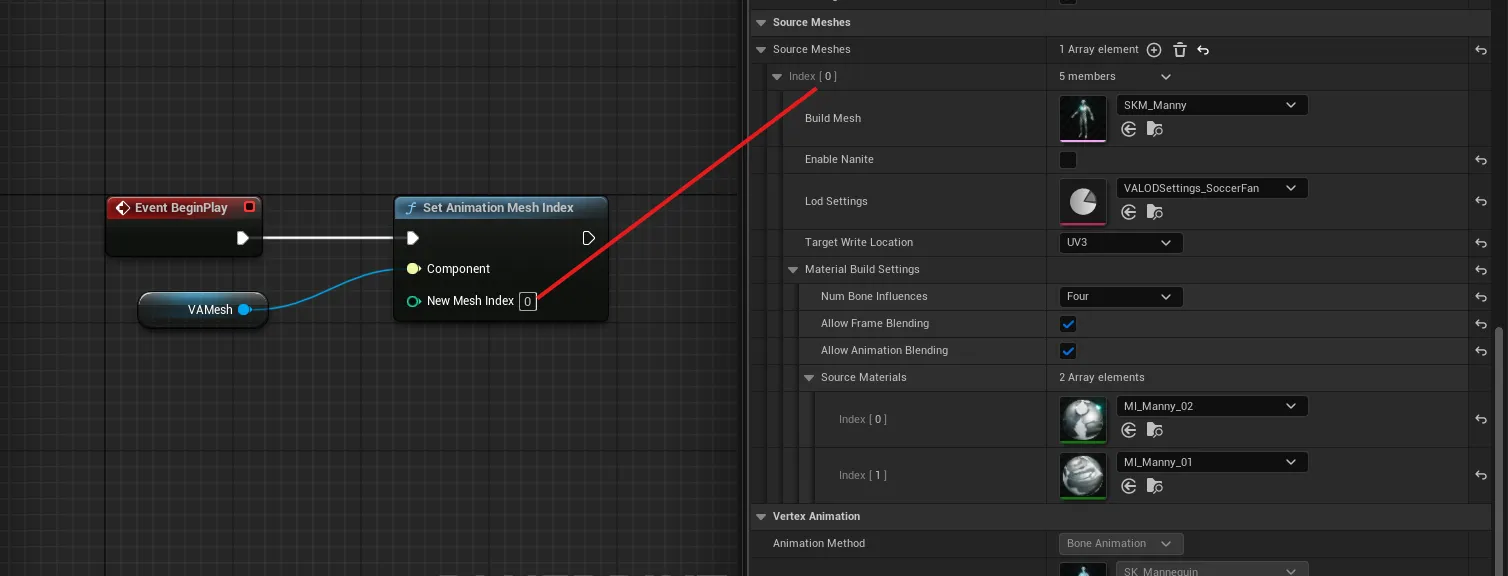 VA Asset details panel and Set Animation Mesh Index Blueprint node